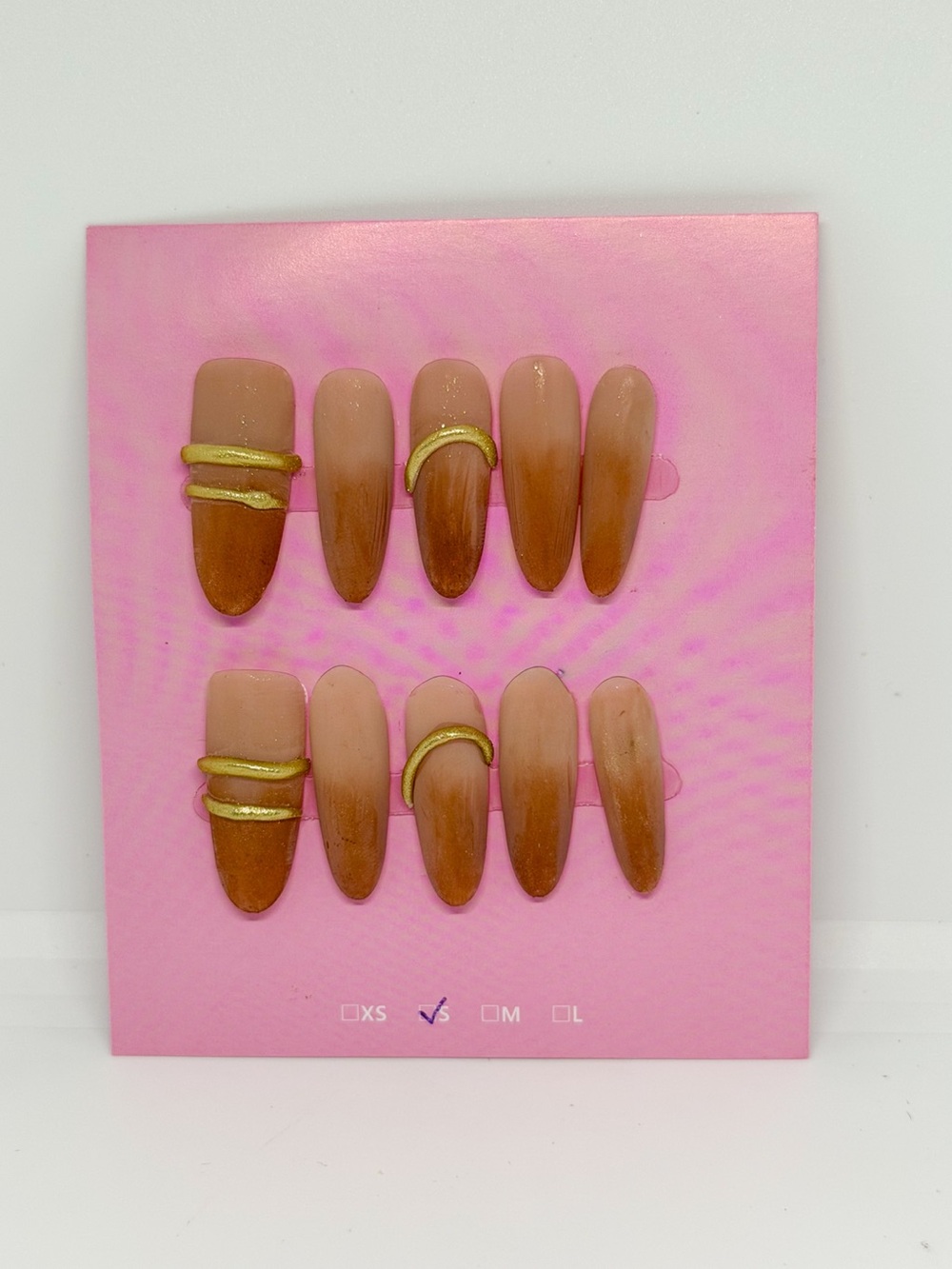 Neutral Brown Ombre Press-On Nails with Gold Accent - Women Makeup
